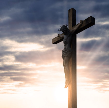Abstract sacred saint divin rescue prayer dead man person lord messiah passion pain spirit life. Holy forgiv devot dark wood church grave tomb statue icon sign light gray cloudy even heaven text spaceの写真素材