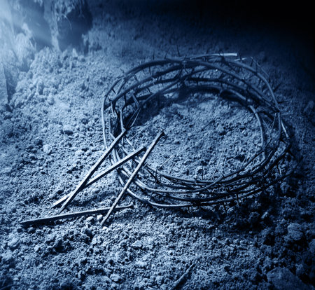 Close up view sacred holy age good saint die blood pain martyr man divine night light spirit life. Grunge wooden retro closeup dirty sand evangelic catholic church devote rescue guilt frame text spaceの写真素材