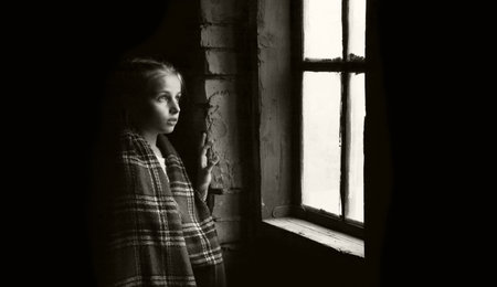 Cute light bore worry pretty pauper waif human face eye see dream love life. Rural dirty dark hous room wall stand small misery ill sick teen hand feel fear hurt pain grief cry tear concept text spaceの写真素材