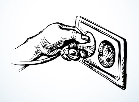 Closeup male arm 2 ac watt portable plastic wattage hardware pin house wall switch. Black drawn network rosette amp volt element app off logo idea concept doodle line pencil art style white text spaceのイラスト素材
