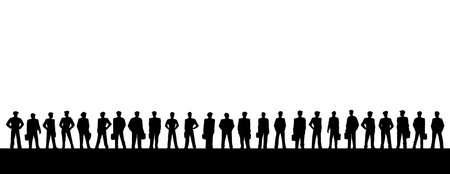 Young adult busy smart bank member suit guy body lineup meet view sign icon concept. Outline black hand drawn talk boss officer career bag case wait old art doodle cartoon style white sky text spaceのイラスト素材