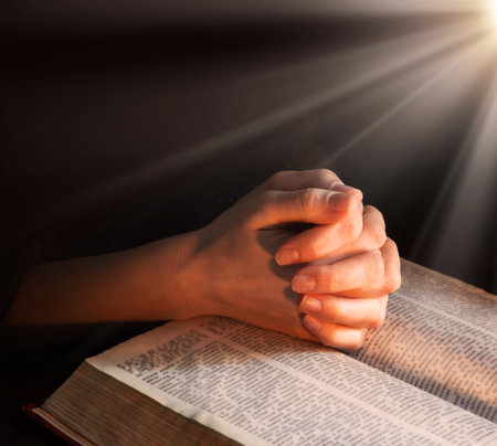 Young israel lady hold palm beg think trust bless love life light Lord Jesus Christ new word. Old retro history teen arab male man guy boy sin soul spirit thank praise peac grace dark night text spaceの写真素材