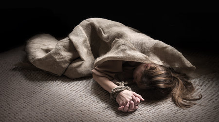 Young adult lone doom mourn grief weep cry abduct lady lay pray. God prayer hurt mind fear sick sin ill pain kill life illegal forc jail evil rope tie arm old retro ancient antique mystic conceptの写真素材