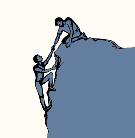 2 work risk human leader render union trust try effort crisis life arm reach up hang fail hiker white sky. Line aid care sketch graphic vector art cartoon unity high hill canyon peak gap pit top winのイラスト素材