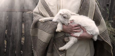 Old retro Arabian rural cute white young breed boy guy divine worker find small cute baby cattle...