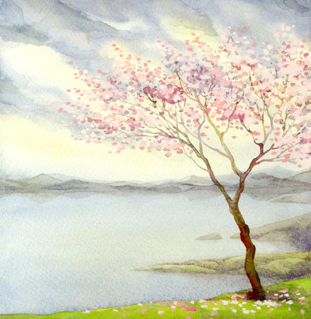 Handmade abstract artist watercolor paint sketch cloudy fog seashore scene on paper backdrop text space. Hand drawn light pink color floral cherry bush calm wild valley rural scenic view artwork cardの写真素材