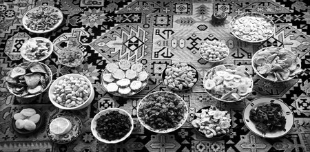 Many variety tasty sugar apricot cashew candy almond walnut heap bowl mix tea retro greet carpet texture text space. Closeup top view full holy eid health nutrit diet halva crop feast party group setの写真素材