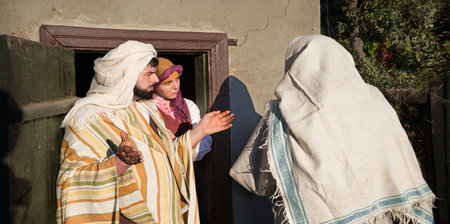 Jew age travel male beg plead don't want let room inn hotel home door East Asian arabic tunic robe...