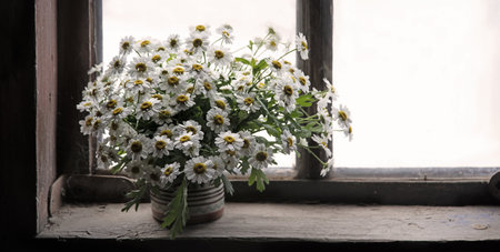 Close up view jug jar lush plant bud green bush foliage glass text space card. Beauty home room bright color even art herb still life love symbol concept dark black desk table board sill sun light skyの写真素材