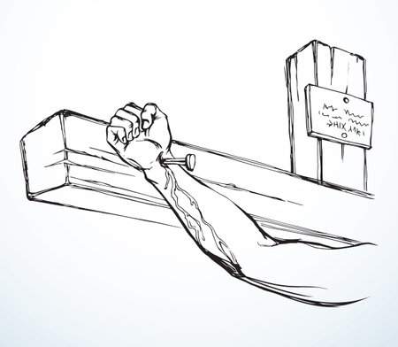 Closeup sacred cathol saint male human prayer martyr pain grief spirit worship Friday love redeem torture. Holy forgiv sin hope iron metal isolat devot church man icon sign shape light white art drawnのイラスト素材