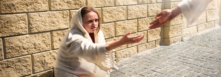 Misery lost sad cry broken upset stress young jew tramp lady sit dirty urban city street slum pray...