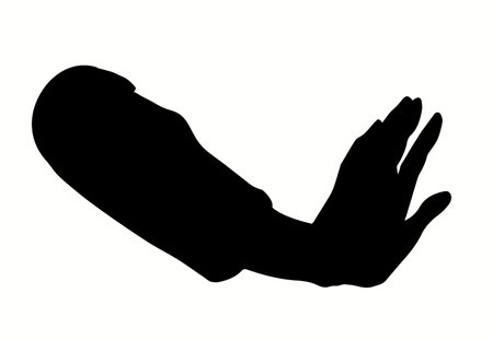 Close up view cool girl body five finger thumb signal idea set white paper text space. Closeup outline black ink pen drawn danger bad male conflict logo emblem old line sketch retro art cartoon styleのイラスト素材