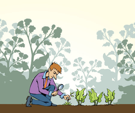 Funny male human worker care. Outline black drawn fun organic green plant leaf grow field insect icon sign symbol concept. vintage art doodle curiose line style. White closeup outdoor view text spaceのイラスト素材