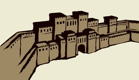 Asia Arabia hebrew town line brick scene on white sky text space. Outline black hand drawn eastern jew logo icon sign in retro artist engrave middle orient asian arab religion bible style. Front viewのイラスト素材