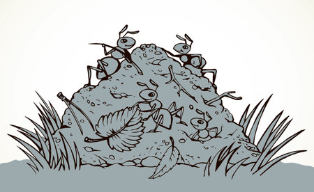 Big closeup funny red arachnid organic rookery dirt leg. Outline brown hand drawn dirty fun large formicary logo sign design. Comic vintage art print style. Close up detail macro view light text spaceのイラスト素材