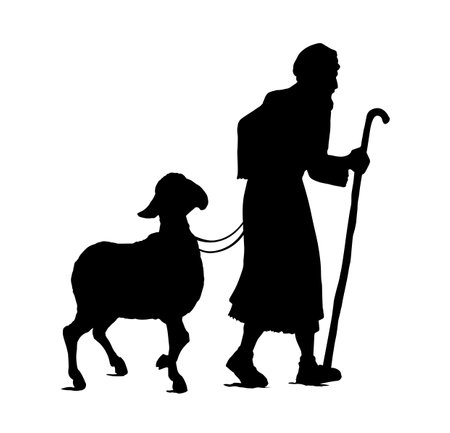Retro antiqu arab biblic art hand drawn jew guy go bring eid ride holy shear fur wool ritual white male calf pet meat food. East asia israel rustic horn herd slave job God pray asian market work storyのイラスト素材