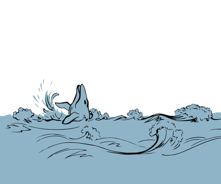 Cute aqua old giant sperm minke fin foam view light sky text space backdrop. black ink pen outline hand drawn big huge deep clear storm biology life eat fauna icon sign logo emblem design art styleのイラスト素材