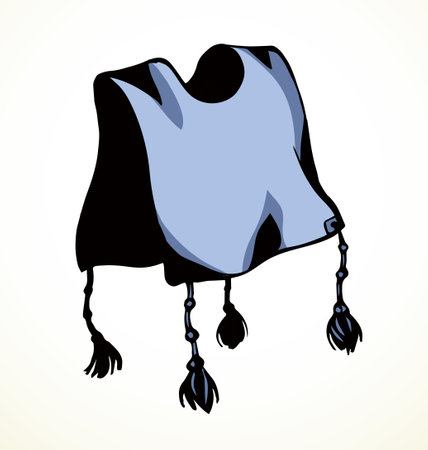 Old judaic temple ceremony ethnic kipur shabat shofar male boy wear wool fabric garment blue fringe tassel knot bar bless culture. Black hand draw vector icon sign sketch ancient vintage line art styleのイラスト素材