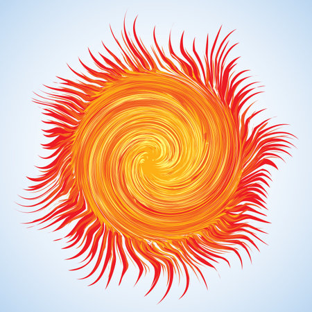Artistic bright warm red burn circle midpoint drawing shape design. Optical illusion fuzzy round sphere shape in art cartoon creative style. Yellow color motley power boom symbol on sky space for textのイラスト素材