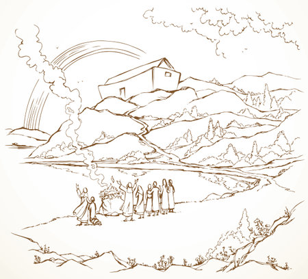 Holy human familie male son wife stand look stone ocean sea dry rock hill field land slope white sky rain cloud smoke arc view scene. Hand drawn line art sketch retro cartoon sign save life fire hopeのイラスト素材