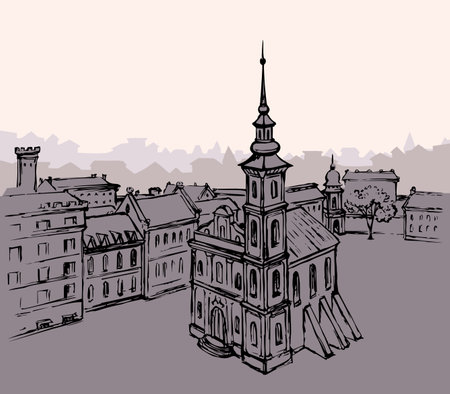 France Italy age UK England place belfry spire dome roof tree scenic view white sky text space. Outline black ink pen hand drawn Poland German center road way scene doodl line art style Italian symbolのイラスト素材