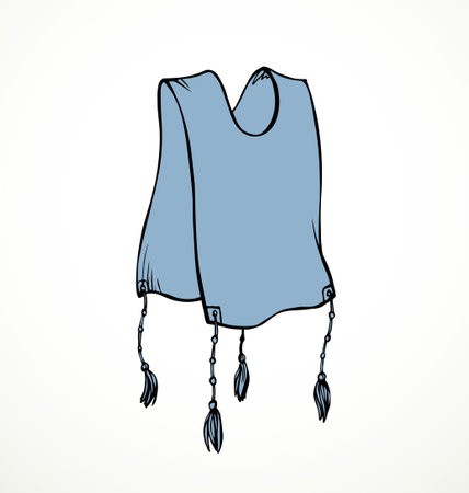 Old judaic temple ceremony ethnic kipur shabat shofar male boy wear wool fabric garment blue fringe tassel knot bar bless culture. Black hand draw vector icon sign sketch ancient vintage line art styleのイラスト素材