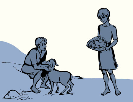 Asian Israel jewish 2 arab tribe village young teen guy worker hold male ram baby kid goat pet flock sky. Middle east evil arabian jew human Adam son envy sin slave worship god Asia story hand drawn artのイラスト素材