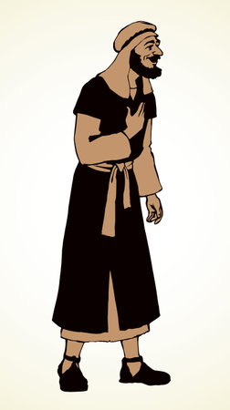 Adult beard nomad wanderer go to worship. Aged middle east judaic jesus christ rabbi preacher apparel: shemagh hat, robe, thobe. Line black ink hand drawn human logo sign icon in retro cartoon styleのイラスト素材