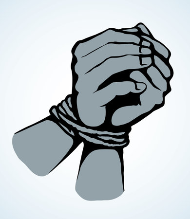 Danger imprison link string cord handcuffed on white paper text space. Black line drawn unable finger fist bind addiction icon sign in art cartoon style. Close up abduct arrest caught body wrist painのイラスト素材