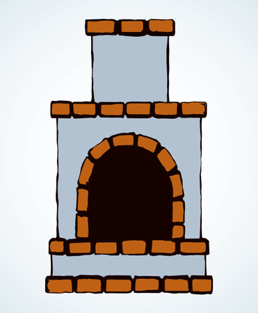 Line antique historic log heater object on white wall text space. Outline black hand drawn folk russia holiday place life logo pictogram emblem design in ancient art doodle cartoon style. Closeup viewのイラスト素材