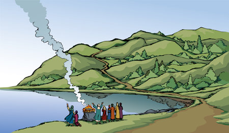 Holy law story Jew human priest stand wild rock spring field wood tree land pond sea water coast sky view scene. Hand drawn line art scenery retro rural Pagan tribal sin woman cult ritual sheep symbolのイラスト素材