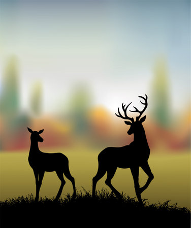 Big grace strong power young adult red brown beast baby head snout stand rack hunt rural flora lawn land plant cloud sky scenic view. Old large dry oak leaf meet fawn zoo fog mist scene art sign iconのイラスト素材