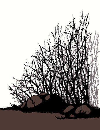 Closeup bible scenic view old dry hip rose wood sky text space biblic field scene. Outline dark hand drawn faith sow seed pain twig fruit shape sign icon logo emblem design retro line doodle art styleのイラスト素材