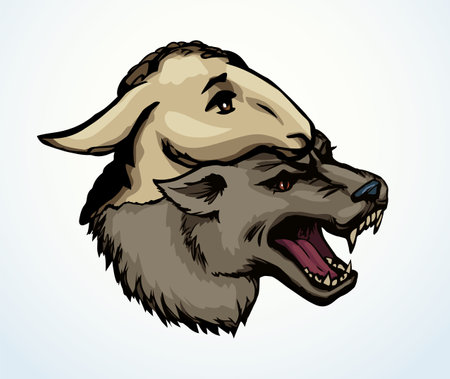 Furry goat ewe pet enemy mouth grin jaw teeth. Black line hand drawn old herd ram vintage biblic art sketch bible style good dog liar bad false fake dress lie tale story hunt meat food prey trap logoのイラスト素材