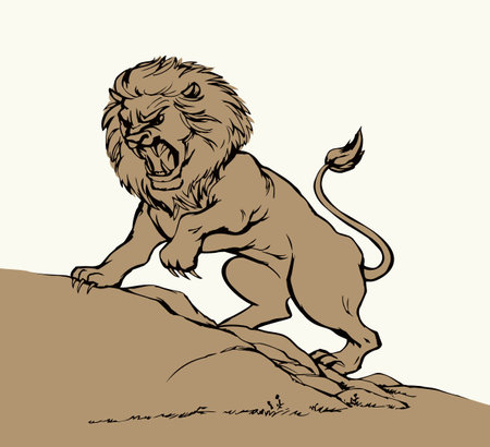 Closeup view old big furry scare walk leg fear white Africa sky text space. Outline black hand drawn scary fur tail muzzle eye fierc mad pet open jaw grin snarl fight paw fang retro art style zoo logoのイラスト素材