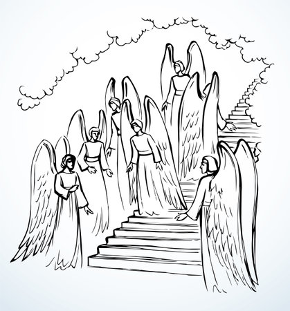 Saint seraph cherub mythic hero stand church top night hope idea. Hand drawn line power holy old miracle dress cloth human soul fly go rise up move reach belief myth pray life legend retro art sketchのイラスト素材