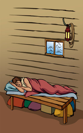 Adult age needy poor rural Jew guy fall hold cottage wall lamp bench bag sheet Retro hand drawn ill sick tired Jewish Jonah stress girl calm Noah's ark hut night sea ocean storm flood story art sketchのイラスト素材