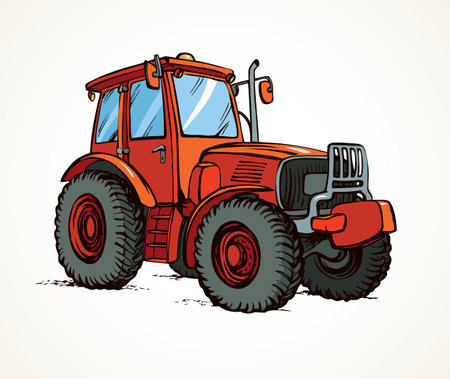 Classic village land agrimotor utility model with big rubber bus. Bright red color hand drawn icon sign logo symbol picture in art doodle style. Side view with space for text on white groundのイラスト素材