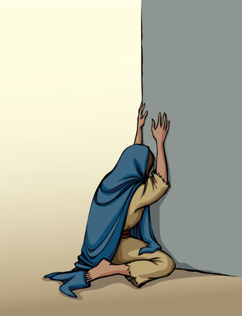 Jew veil lone tired lost needy grief lady fail sit weep ask beg god help poverty eastern street home house. Hand drawn alone young ill sick east Arabian male guy Islam Jewish widow retro biblical artのイラスト素材