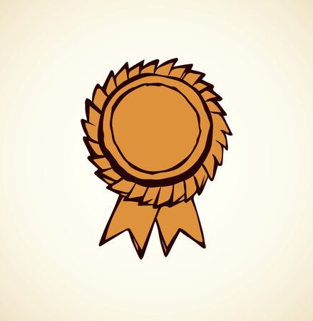 Contest first olympic athlete leader hero medalist golden metal pin round wreath. Outline black hand drawn warranty logo border in retro art doodle cartoon graphic style on white paper space for textのイラスト素材