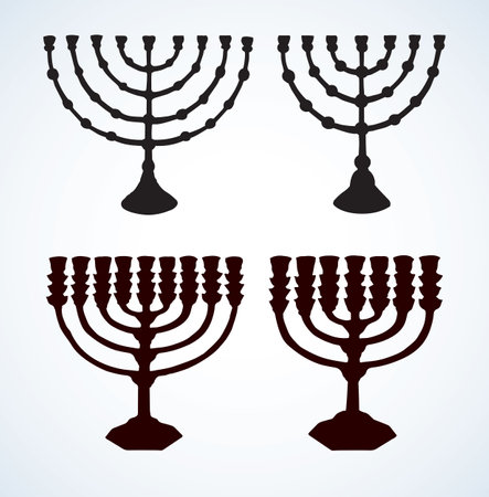 Old chanuka. Hanukkah candelabrum. Dark ink hand drawn chanukkah logotype. Judaic hanukah in art etching style on white paper. Closeup chanukah view. Hanuka (hanukkiah, channukah, chanukiah) pictogramのイラスト素材