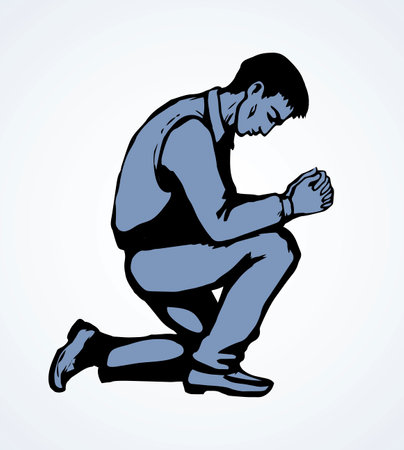 Sin depressed sorrow worry supplication on white background. Line love praise palm concept logo pictogram. Black drawn young thank plead fold soul body finger emblem in retro art doodle cartoon styleのイラスト素材