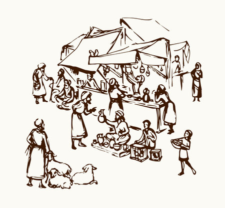 Antique orient religious heritage outdoor vendors man crowd scenic Syria view. Retro fez goods place on white background. Black hand drawn saudi rabat bazar quarter sketch in art cartoon history styleのイラスト素材