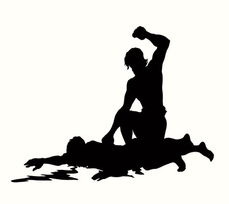 2 young envy male greek tribe son bandit thief rob cut stab jew warrior threat sin arm holy saint jewish boy cry body lie white ground god sky. Black line abuse war crime symbol old cartoon art sceneのイラスト素材