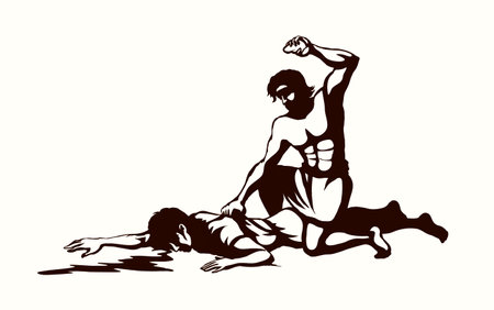 2 young envy male greek tribe son bandit thief rob cut stab jew warrior threat sin arm holy saint jewish boy cry body lie white ground god sky. Black line abuse war crime symbol old cartoon art sceneのイラスト素材