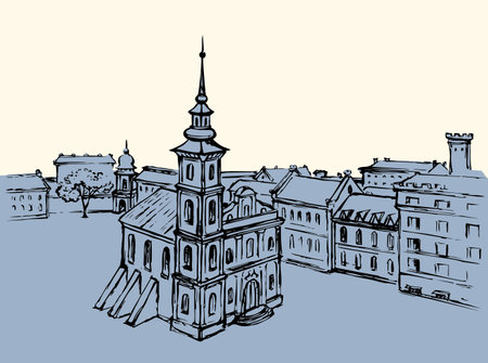 France Italy age UK England place belfry spire dome roof tree scenic view white sky text space. Outline black ink pen hand drawn Poland German center road way scene doodl line art style Italian symbolのイラスト素材