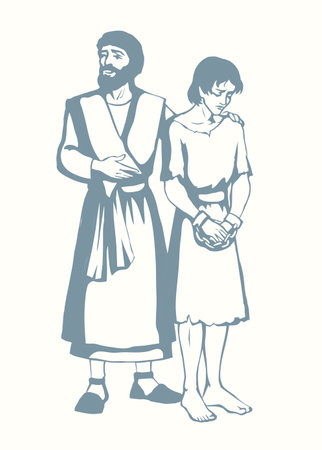 Old age Arab guard worker buyer arm caught hold mock sad face sold trap young betray despair male boy white market jail punish scene. Middle east girl work retro God art dark black sketch drawn storyのイラスト素材