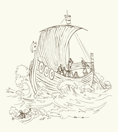 Past bible war century age wood norse travel norway pirate swim warship galley oar row mast rig wind cloth trade deck white river sky Black line hand drawn retro biblic story cartoon art vector sketchのイラスト素材