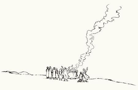 Holy hebrew temple story jew human male priest wife son stand credence law goat cow hill field land white cloud view scene. Hand drawn line art sketch retro rural Pagan tribal sin cult feast sign iconのイラスト素材