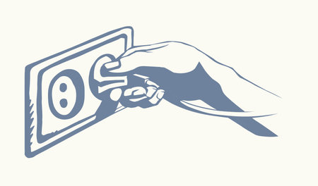 Closeup male arm 2 ac watt portable plastic wattage hardware pin house wall switch. Black drawn network rosette amp volt element app off logo idea concept doodle line pencil art style white text spaceのイラスト素材